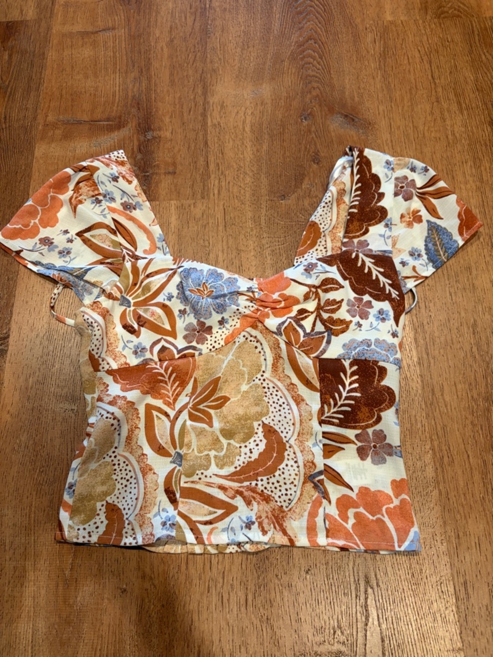 BCX Floral Square-Neck Crop Top in Rust, Blue & Tan